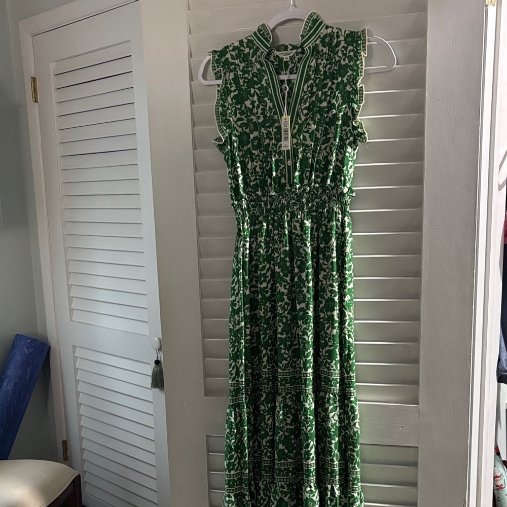 Green Floral Maxi Dress - Sleeveless Ruffle Neck